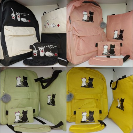 MOCHILA GATO VARIOS COLORES 4PZAS $160